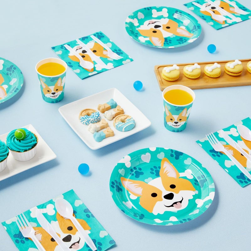 Blue Panda 144 Piece Corgi Party Supplies, Dog Birthday Decorations with Paper Plates, Napkins, Cups, and Cutlery (Serves 24) - Image 3